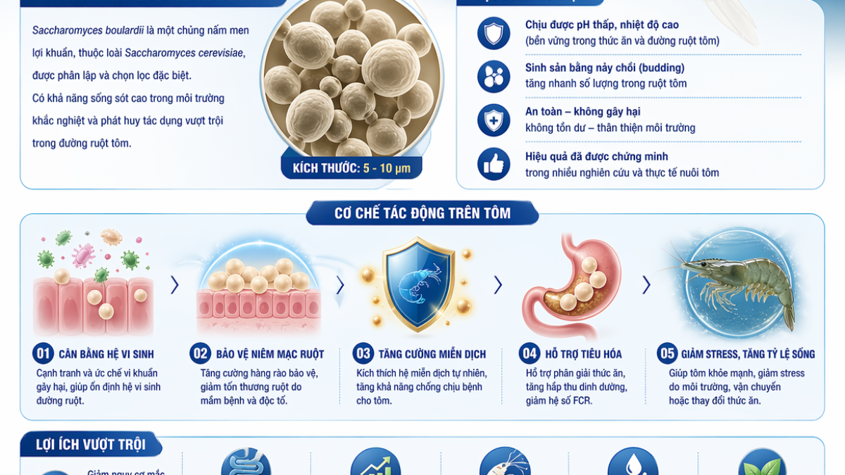 Ứng dụng Saccharomyces boulardii  trong nuôi tôm và quy trình sử dụng men theo từng giai đoạn nuôi tôm.