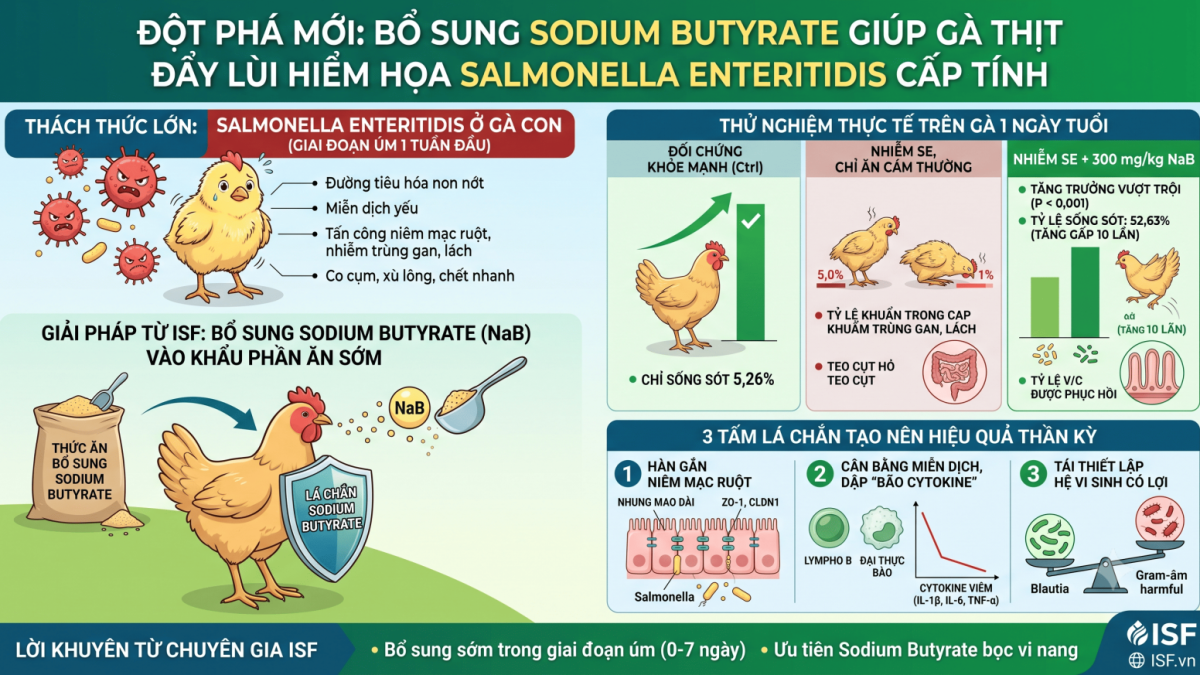 Đột Phá Mới: Bổ Sung Sodium Butyrate Giúp Gà Thịt Đẩy Lùi Hiểm Họa Salmonella Enteritidis Cấp Tính